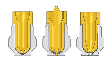 Diagram comparing sprue style, low-vestige tip, and valve gate